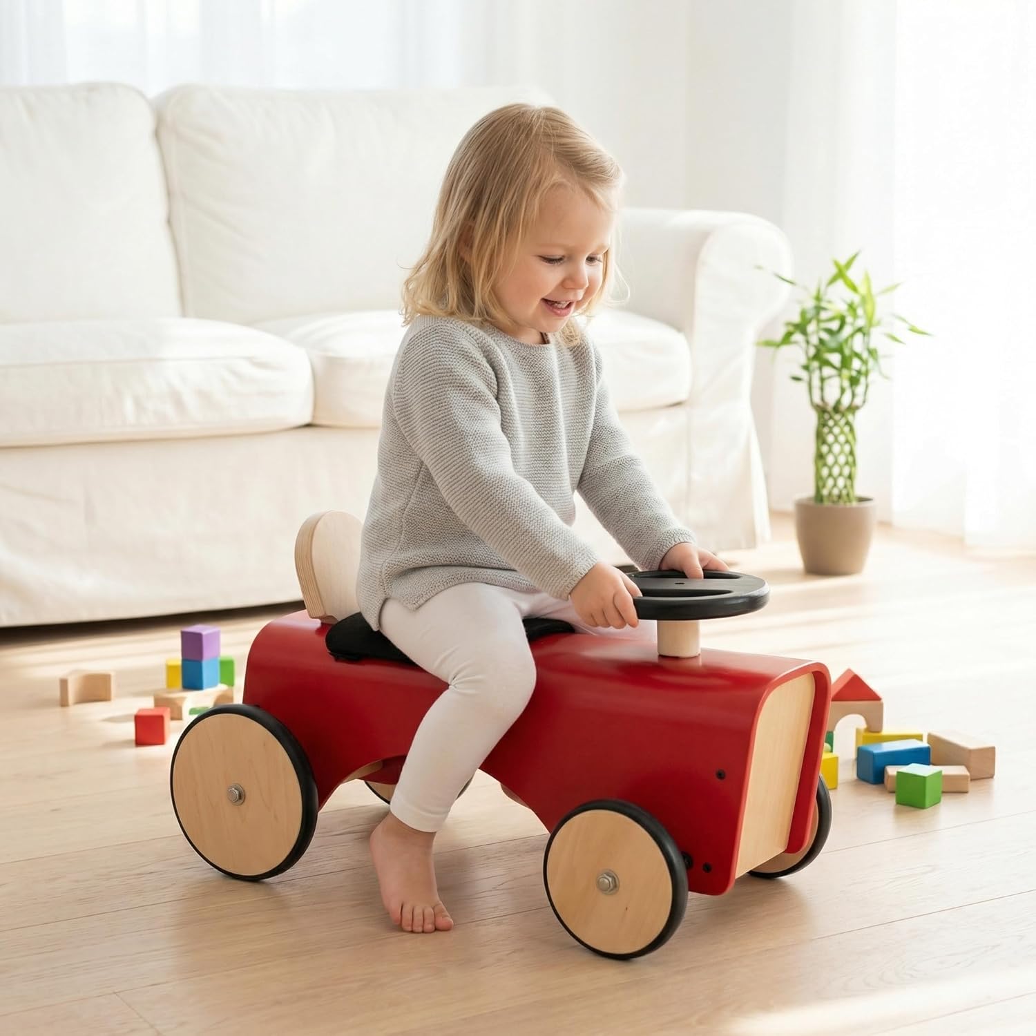 Kids Ride On Toy Wooden, Retro Tractor, Baby Learning Balance Toy, Toddler Push Car with Steering Wheel for Boys and Girls, Children Ages 18M +