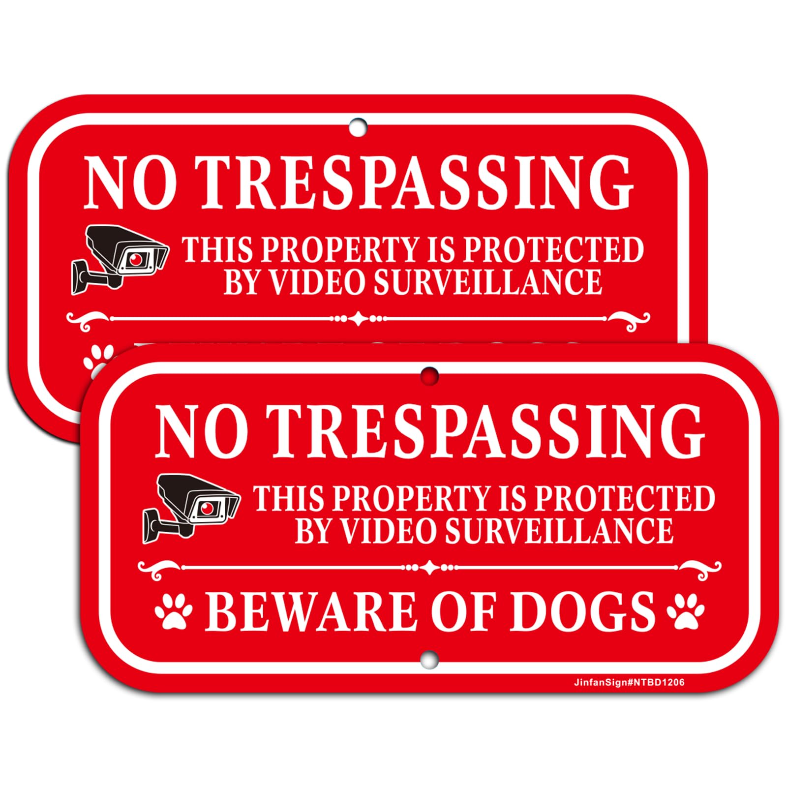 (2 Pack) No Trespassing Sign Beware of Dogs Sign, Video Surveillance Sign, 12" x 8" Private Property Signs, Rust Free Reflective Aluminum, Fade/Weather Resistant, UV Protected, Easy to Install