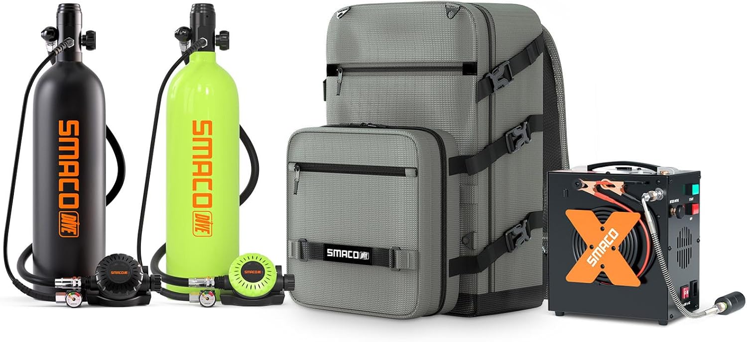 SMACO Mini Scuba Tank 1.9L Portable Diving Tank (2 Pcs) Reusable Pony Bottle for Underwater Exploration Lung Air Tank Kit Diving Cylinder Family and Buddy Kit for Boat Cleaning Rescue S700 Plus