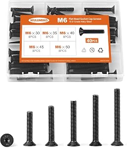M6 x 30mm 35mm 40mm 45mm 50mm Flat Head Socket Cap Screws Countersunk Bolts, 10.9 Grade Alloy Steel, Black Oxide Finish, Allen Hex Drive, Metric Fully Threaded, Assortment Kit 40PCS