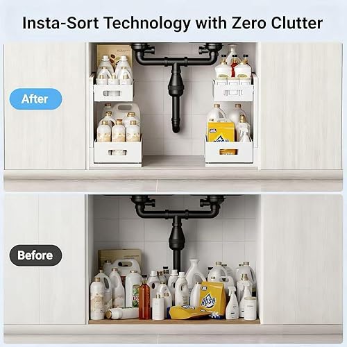 Vista 11 de Paquete de 2 organizadores y almacenamiento debajo del fregadero, organizador de 2 niveles, organizador de gabinete extraíble multiusos debajo