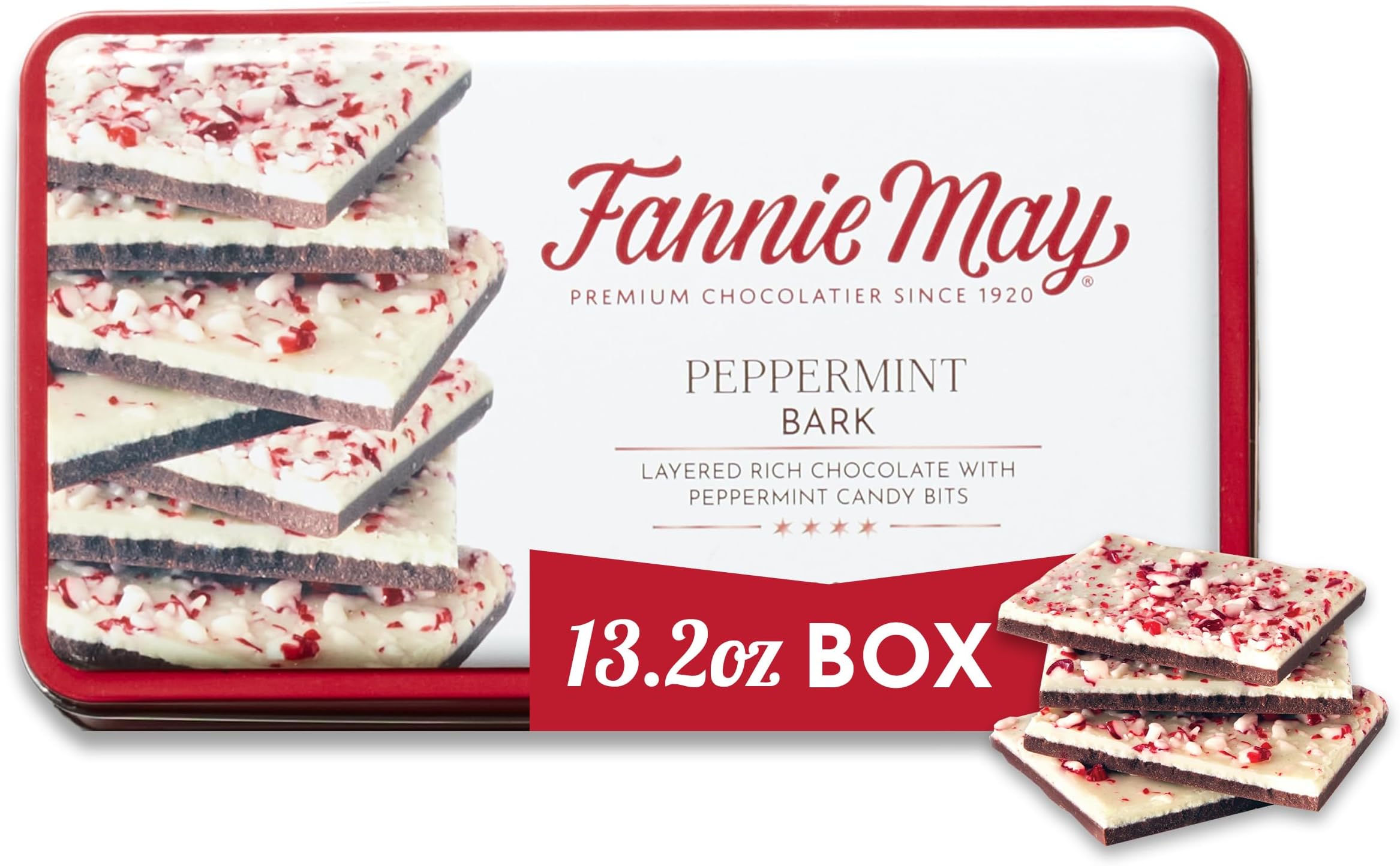 Fannie May Premium Rich Chocolate Peppermint Bark Holiday Gift Tin, Gourmet Christmas Chocolate Gift, 13.2 oz