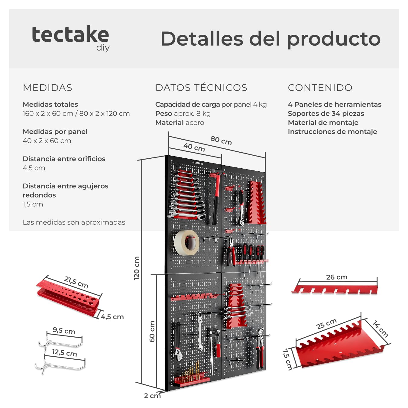 tectake® Organizador de Herramientas de Pared, Panel Perforado, Estantería de Taller con Ganchos, Banco de Herramientas, Herramientas Bricolaje, Tablero Perforado - 4 Tableros