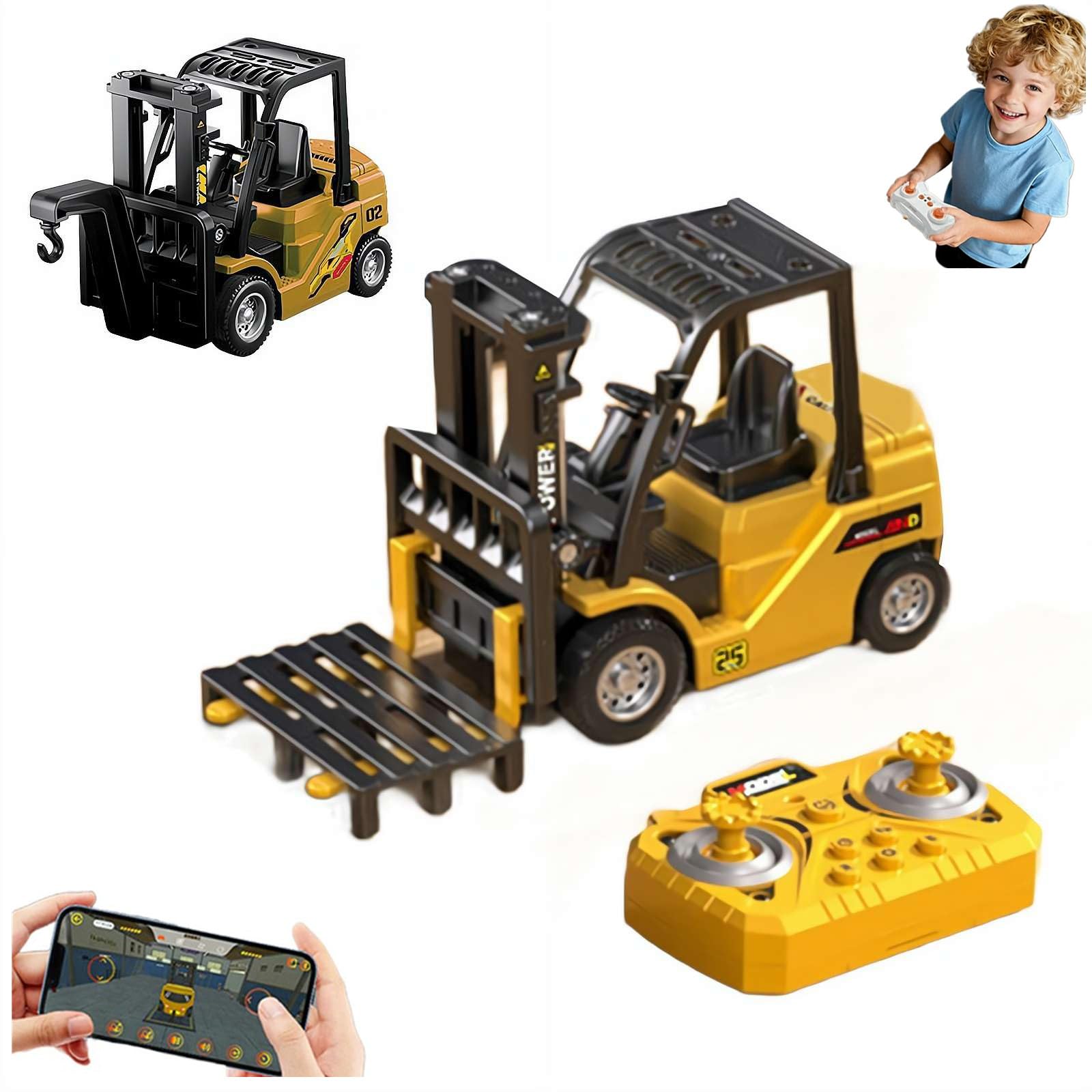 Juguete de carretilla elevadora RC de aleación 1:64, juguete de carretilla elevadora a control remoto completo, horquilla y gancho transformable 2 en 1, mini batería recargable de carretilla elevadora