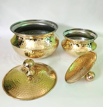 Tangerine Cooking Pot, Brass Handi, Degchi, Patila with Lid for Cooking & Serving - Set (1.5 & 4 Liter)