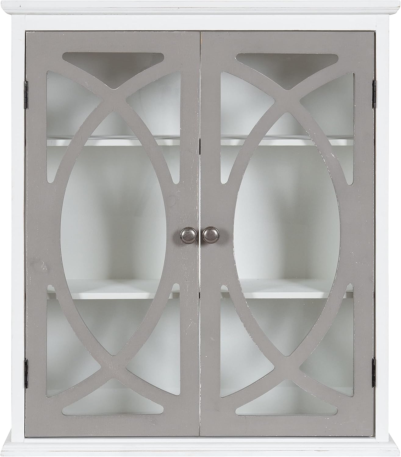 Kate and Laurel Quinlan Wood Wall Cabinet; 24 x 8 x 28; White and Gray; Decorative Traditional Storage Cabinet with Two Glass Doors and Three Interior Shelves