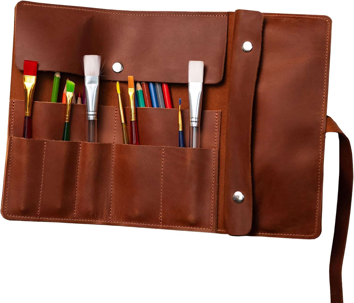 Handmade Artist Pencil Case for Adults Women, Leather Pencil Roll, Artist Gifts, Pencil Wrap Roll Up Case, Leather Paint Brush Case, Warm Brown