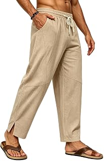SWOMOG Mens Cotton Linen Harem Pants Baggy Drawstring Summer Beach Pants Lightweight Casual Pants with Pockets