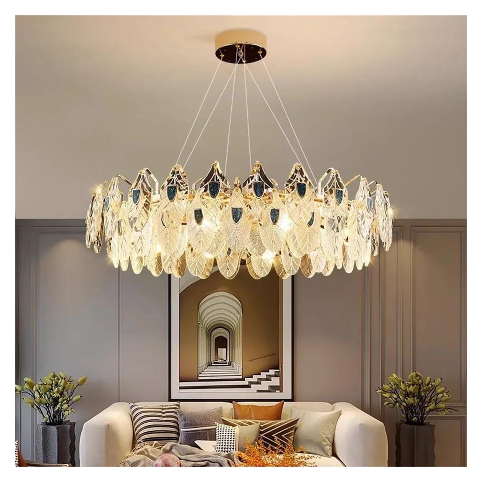 Générique Lustre rond en cristal doré forme de feuille laurier, luminaire décoratif brillant for chambre à coucher, salon, salle manger ou villa(Warm White,AD80CM)