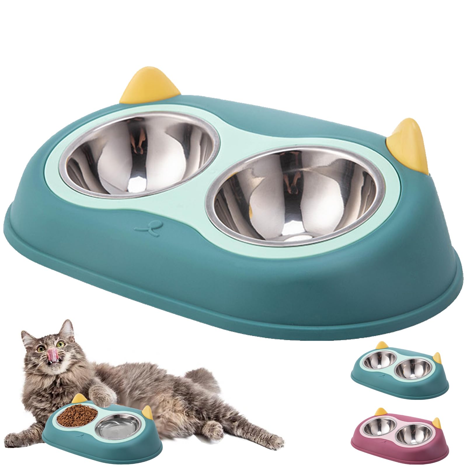 YOUYIKE Ciotola per Gatti in Acciaio Inossidabile, 2 in 1 Doppio Ciotola per Animali Antiscivolo Rimovibile, 15°Inclinate Ciotole per Cani Gatti, per a Cani di Piccola Taglia, Gatti (Verde)