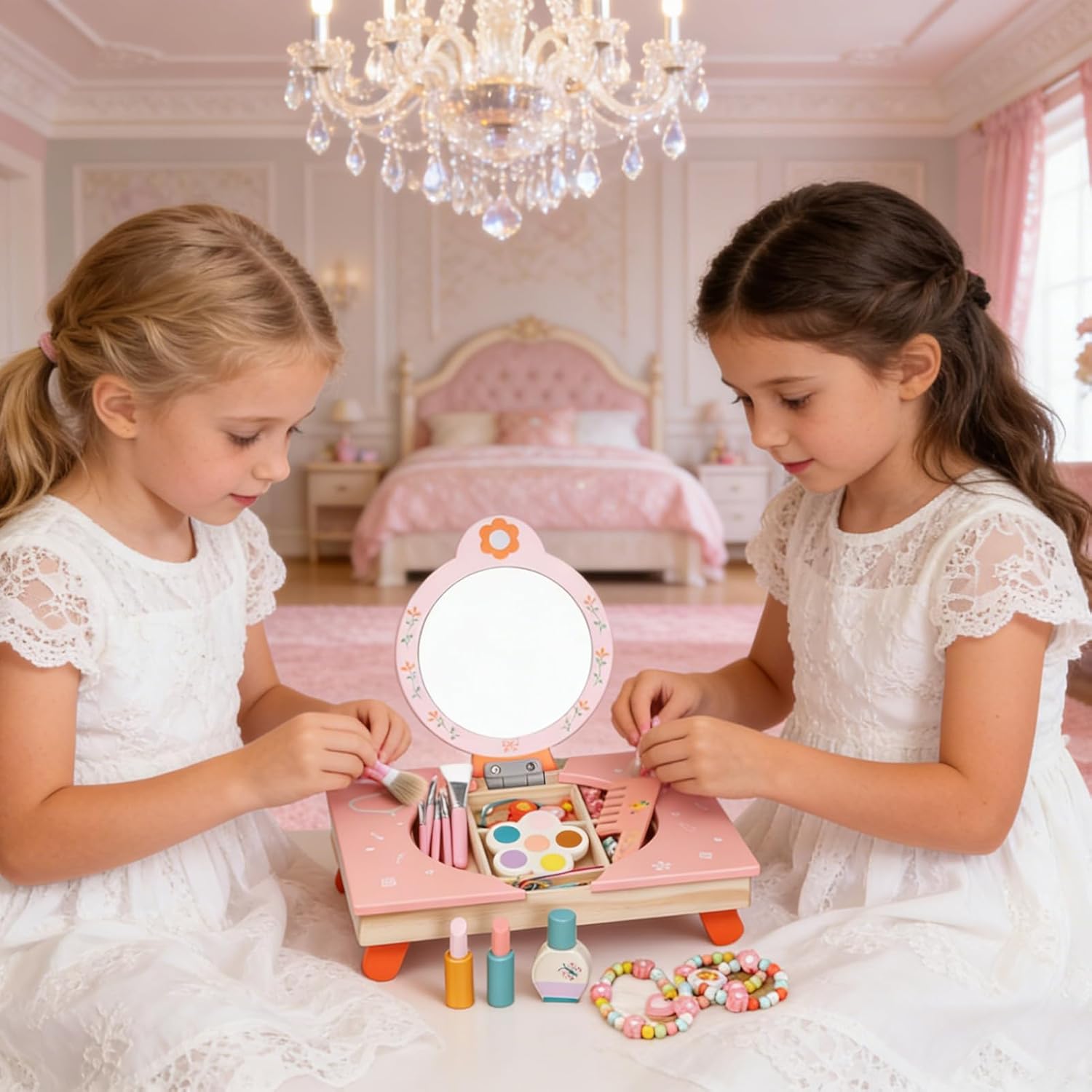 Kids Play Vanity - Wooden Dressing Table Mirror, Folding Pretend Play Girls Vanity Set with Comb Cosmetics, Toy Makeup Table, Plays Vanitys for Dress Up Details, Home Children Room Game Use