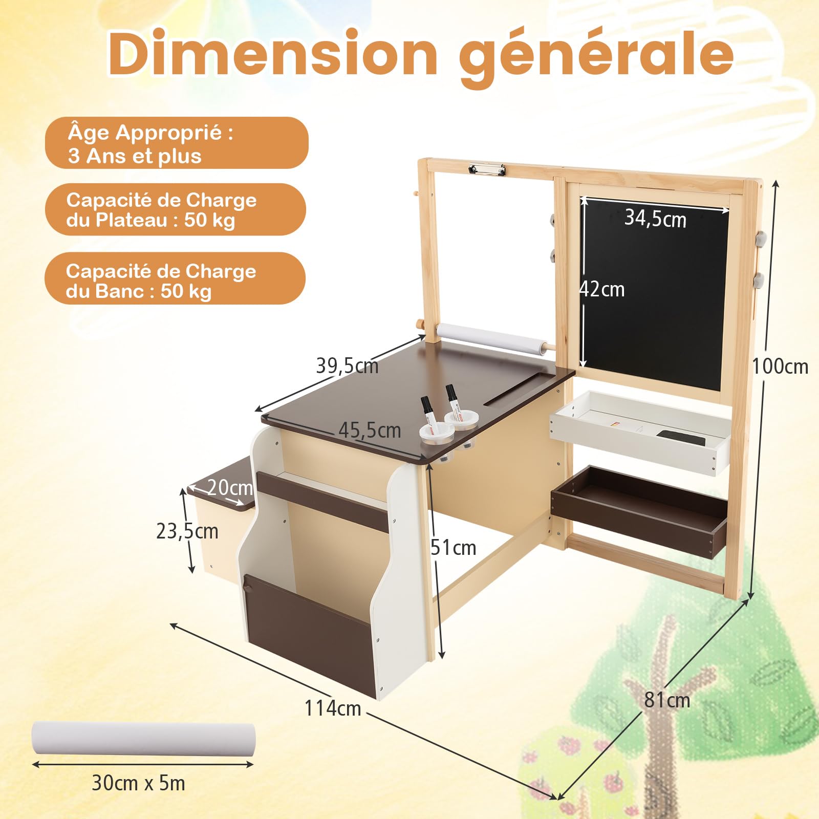 GOPLUS Bureau Enfant avec Rangement, Tableau Chevalet Double Face Ajustable, Table d'Activité avec Banc, Rouleau de Papier, Tableau Blanc/Noir, 3+Ans (Café)