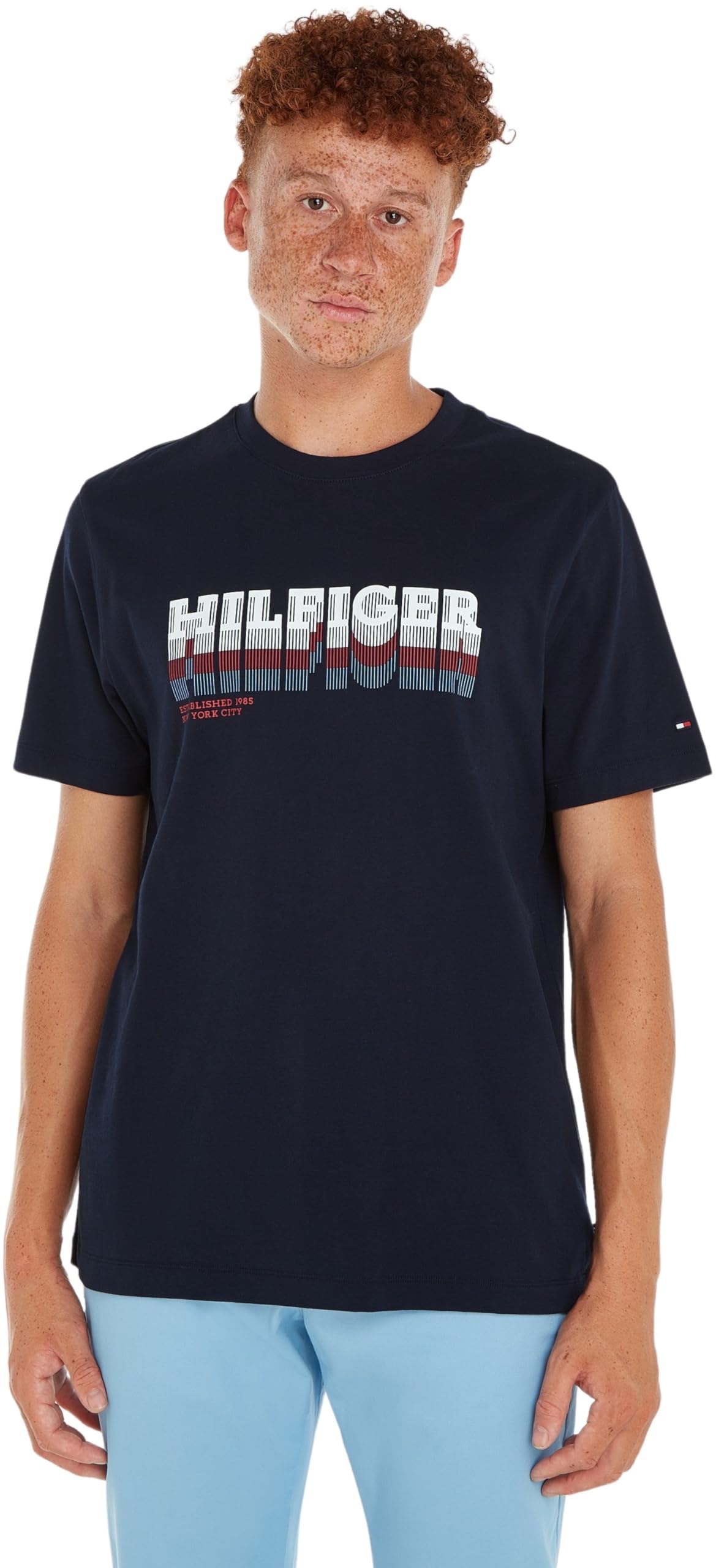 Tommy Hilfiger Herren T-Shirt Kurzarm Fade Tee Rundhalsausschnitt, Blau (Desert Sky), S