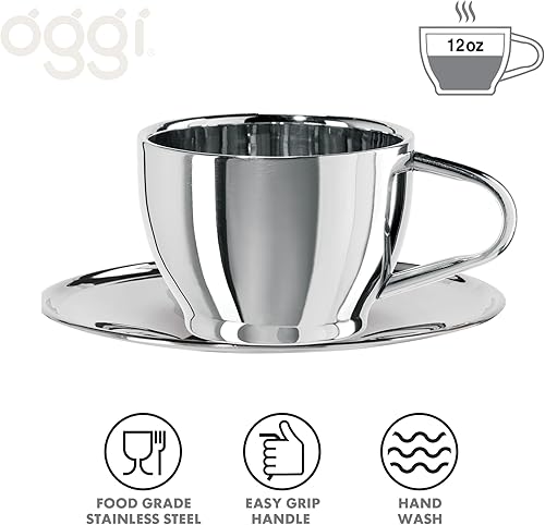 Miniatura 2 de Oggi Taza de café aislada de 12 onzas, platillo incluido, tecnología de acero inoxidable de doble pared, taza de café o té con elegante acabado de