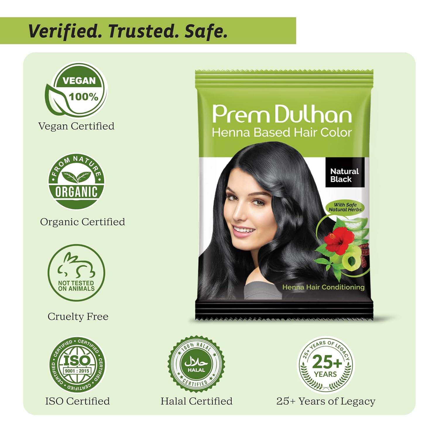 Prem Dulhan Natural Henna Hair Color for Vibrant & Long-Lasting Results Natural Black Shade Ammonia-Free Coloring, Sachets (10 g/0.35 Ounce (Pack of 50))