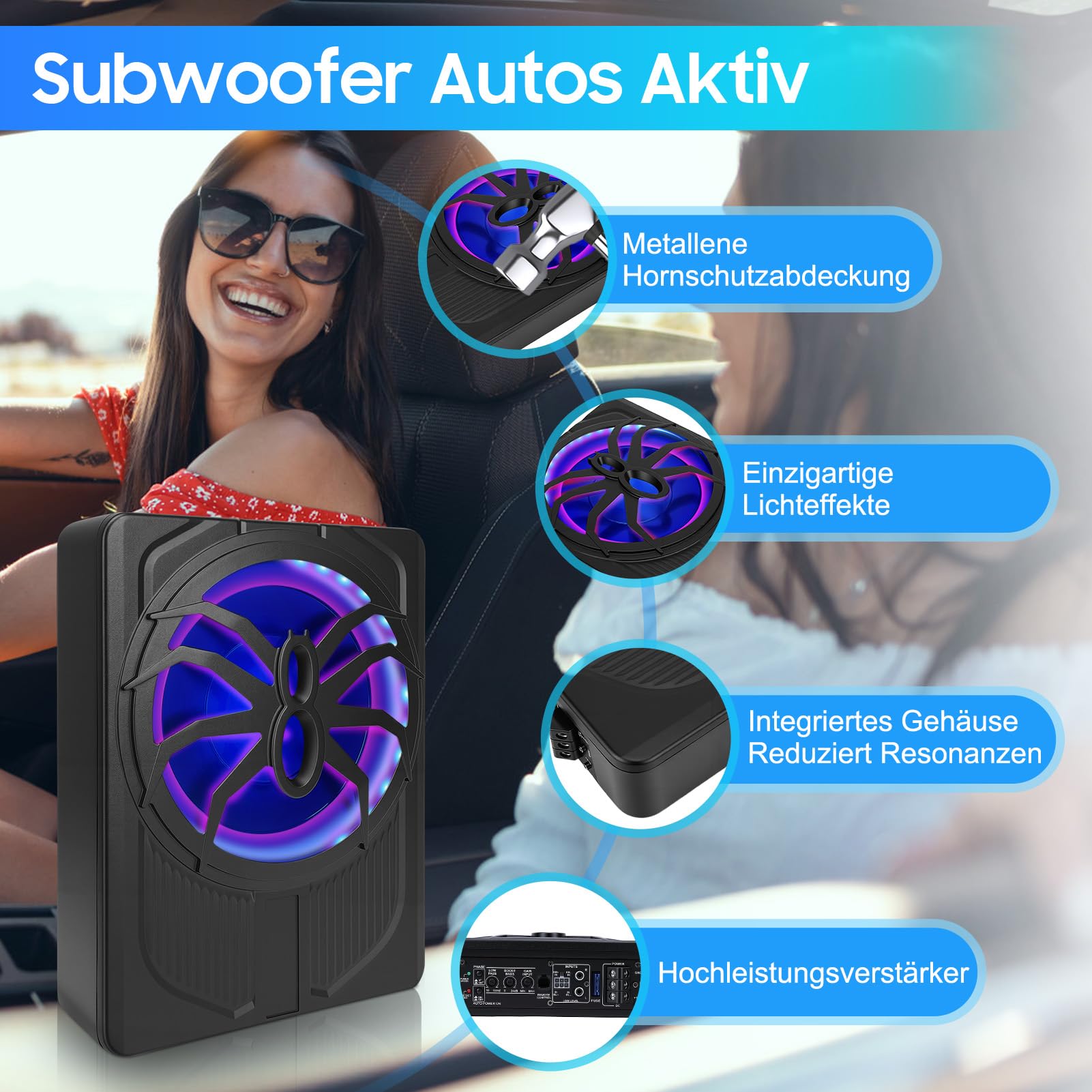 VINGVO Subwoofer para coche, 10 pulgadas, 800 W, subwoofer activo para coche, 2,6 ohmios, ultraplano, subwoofer para coche, con amplificador controlador de sonido bajo, altavoz para vehículo, camión