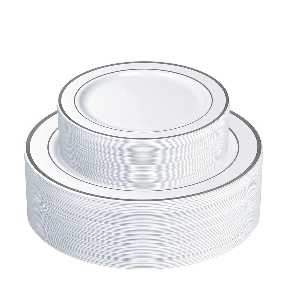 SETUP [60 Piece Combo Silver Trim Plastic Plates - Premium Heavy-Duty 30 Disposable 10.25 Dinner Party Plates and 30 Disposable 7.5 Salad Plates