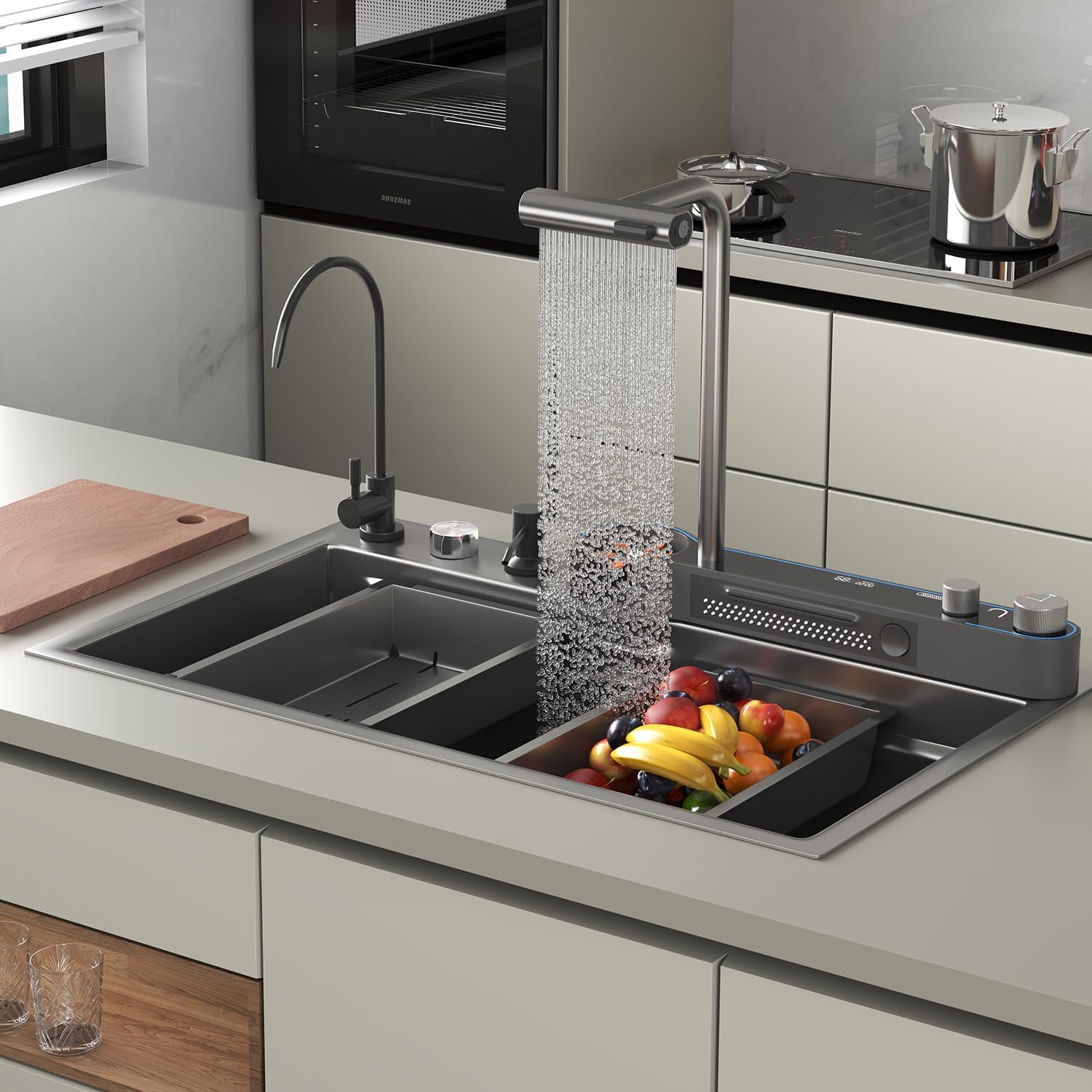 33x22x10 In Black Smart Kitchen Sink Digital Display Ambient Light Multifunction Waterfall Kitchen Sinks 8 Gauge Metal Black Stainless Steel Single Bowl Workstation Sink With Soap Dispenser