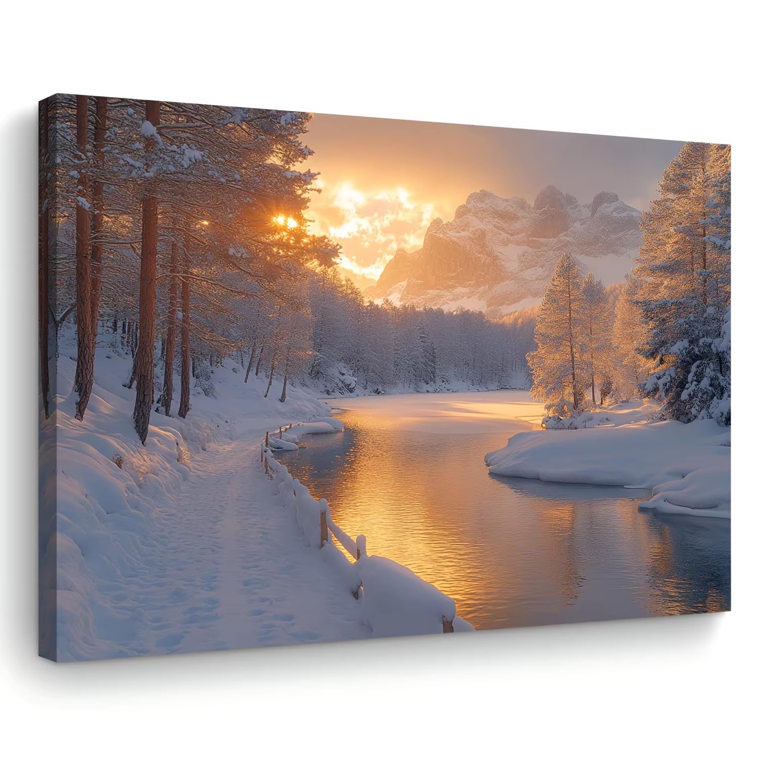 awtrhfc Room Decor Winter Sunrise Landscape Canvas Wall Art, Snow-Capped Mountains & Serene Stream, Print for Living(30x40cm(12x16in)/No frame)