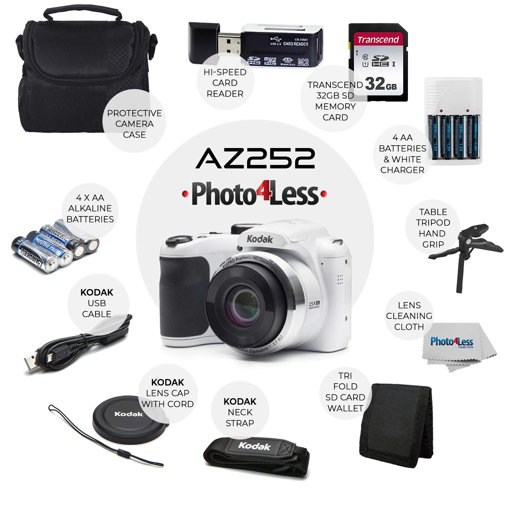 Amazon.com : Kodak PIXPRO AZ252 Astro Zoom 16MP Digital Camera (White) +  Point & Shoot Camera Case + Transcend 32GB SD Memory Card + Rechargeable  Batteries & Charger + USB Card Reader +