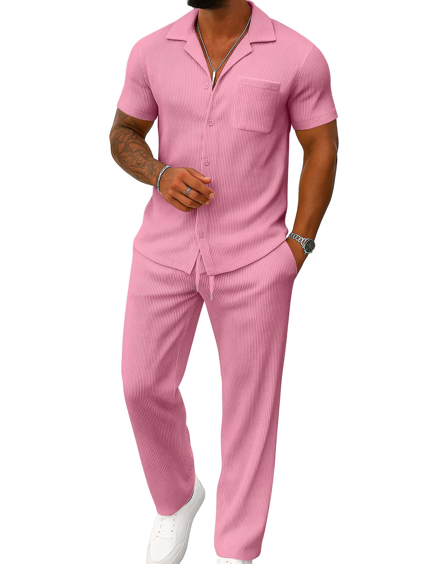 UOUA Mens Summer 2 Piece Set Casual Outfits Button Short Sleeve Shirt & Loose Pants Textured Striped Tracksuit Walking Suits