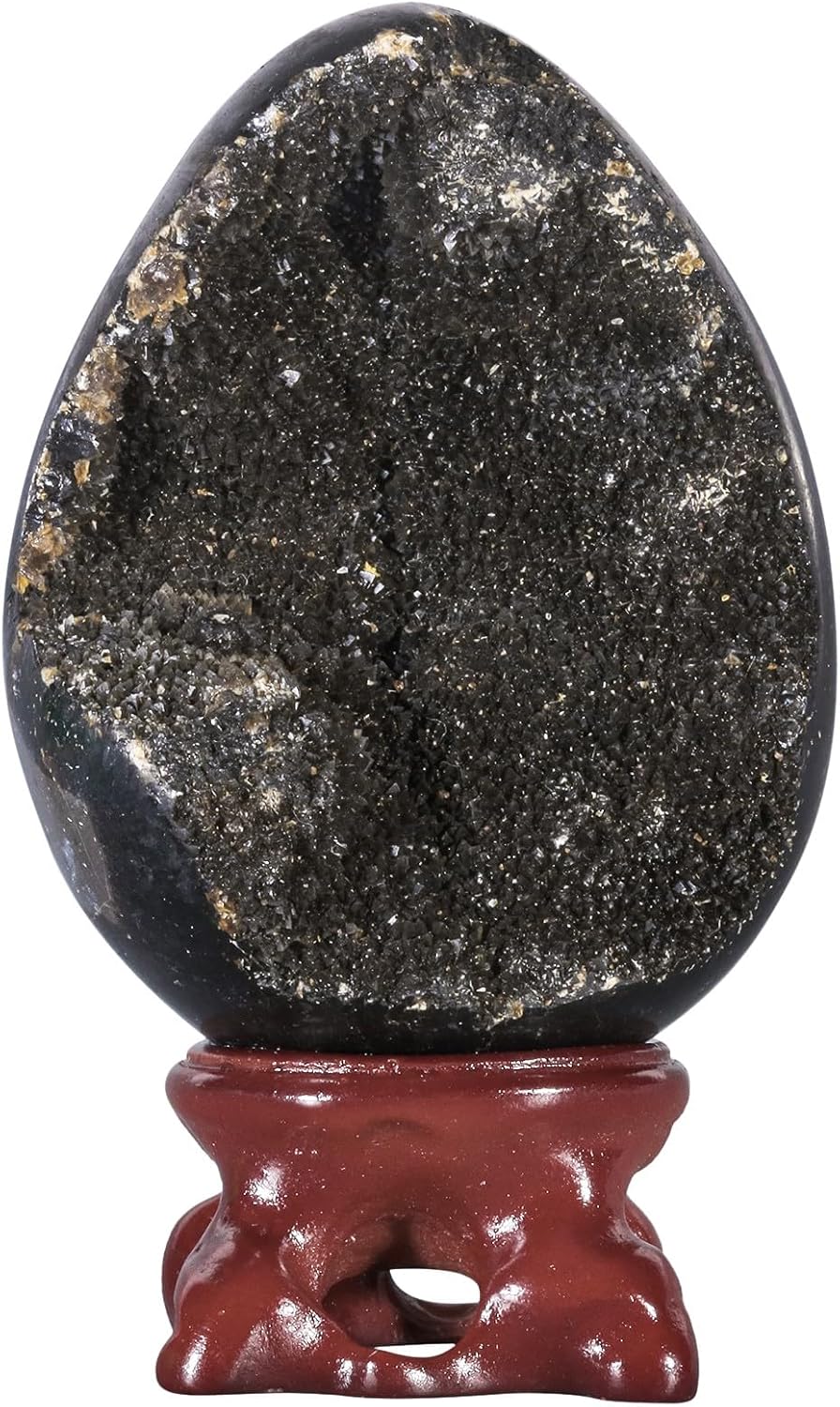 Sportmusies Natural Black Septarian Dragon Stone Geode Cluster Egg with Resin Stand, Decorative Crystal Cluster Egg Figurine for Home Reiki Healing Meditation, 2.44-3.14 inches
