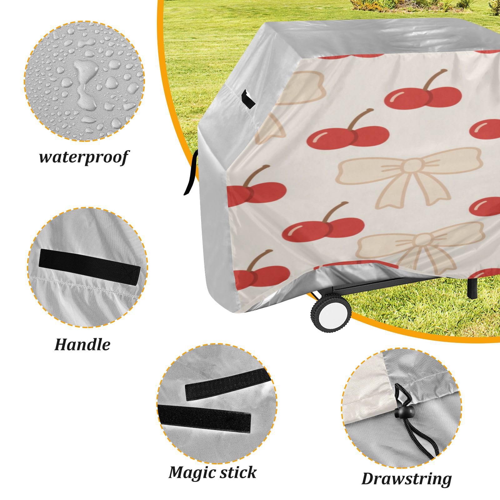 Pokrowiec na grilla na patio, 150 cm, wytrzymały, odporny na blaknięcie i promieniowanie UV, na zewnątrz, na patio, pokrowiec na grill, kreskówka, wiśnia, beżowa