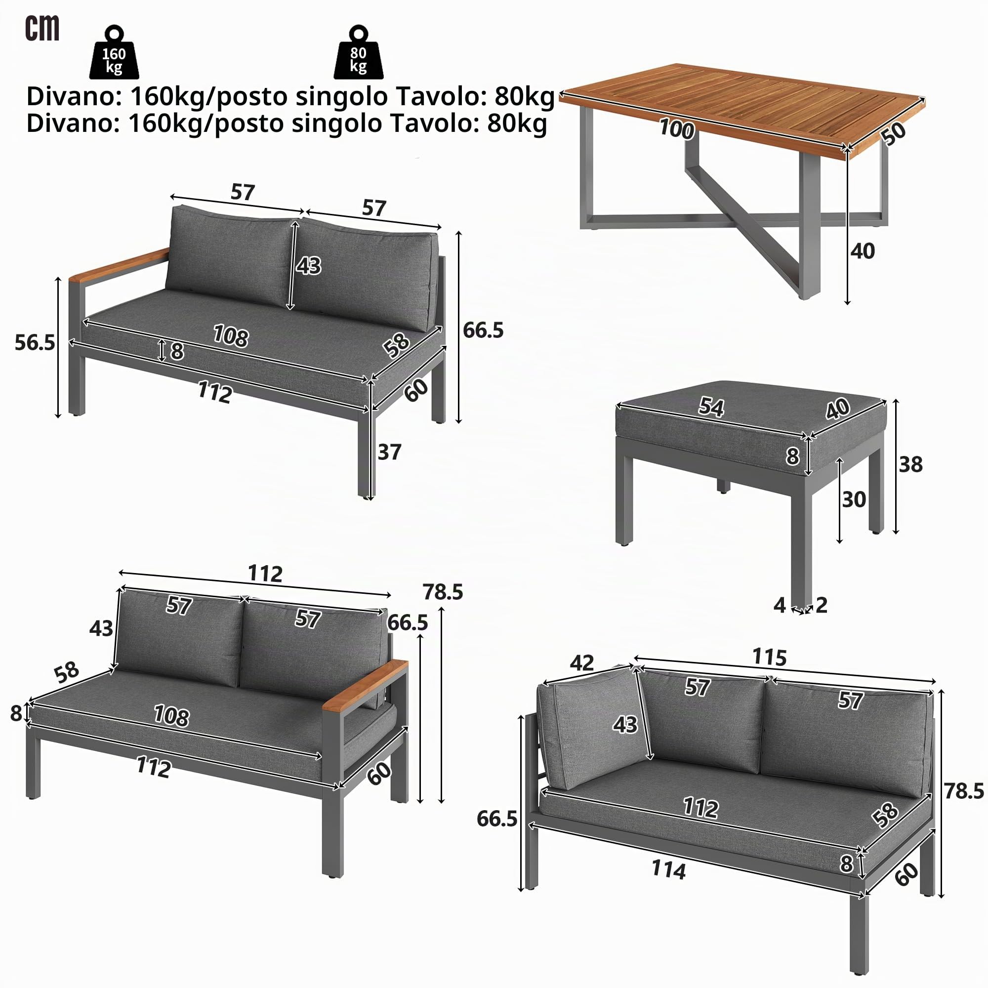 Set di mobili da giardino per 7 – 8 persone, set da giardino per giardino, balcone, terrazza, resistente alle intemperie, set di mobili da giardino con struttura in ferro zincato