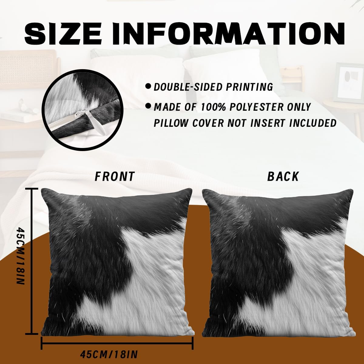 Cow Print Pillow Covers 18x18 Inch Set of 4, Texture Ｗild Animal Fur Cattle Skin Throw Pillow Covers Farmhouse Cushion Case Decor for Sofa Couch image 2