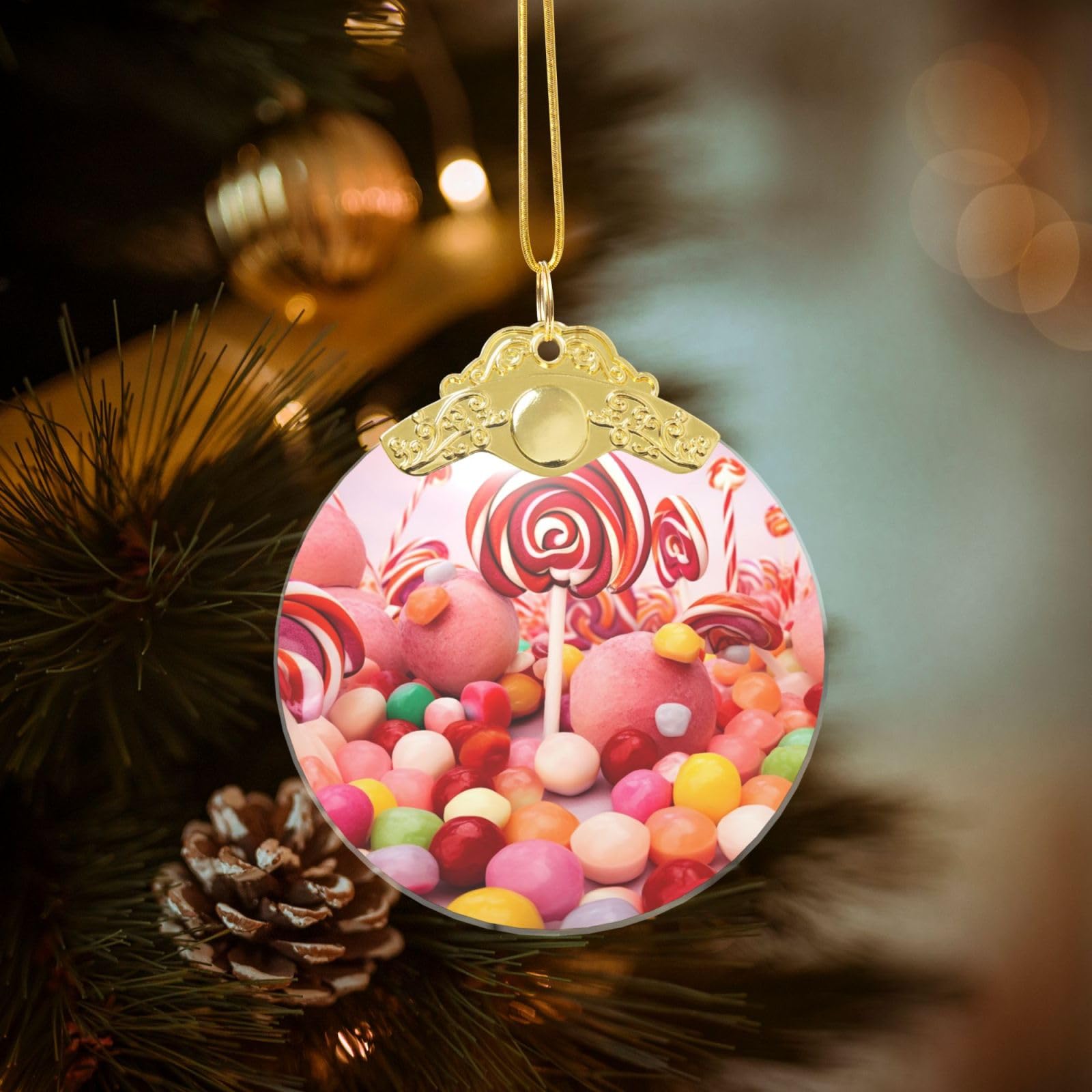 Crystal Christmas Ornaments for Christmas Tree Decoration Hanging Sweet Candy Ornament with Gold Ribbon Crafts Round Pendant for Keepsake Gifts Glass Xmas Decor Party Supplies