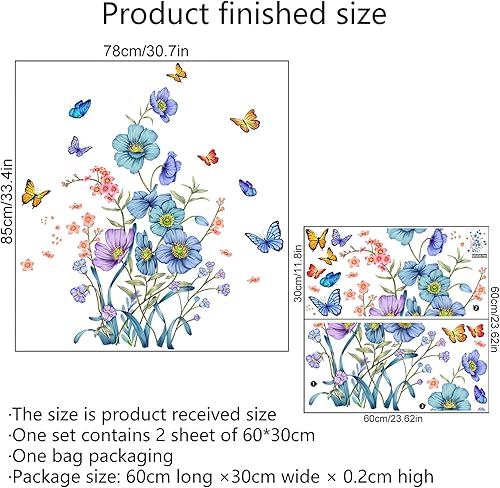 Miniatura 5 de Calcomanías de pared de mariposas y flores botánicas azules, calcomanías de pared de sacinora con plantas verdes, vinilo extraíble para despegar y