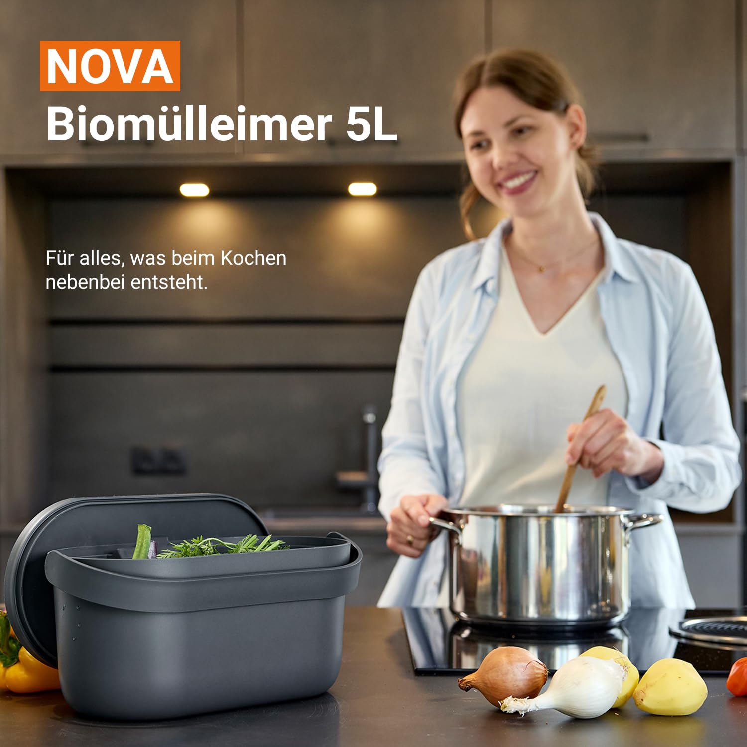 Garantia NOVA Biomülleimer Küche 5L Graphite Grey - Geruchsdichter Komposteimer für Küchenabfälle - Kleiner Biomüll Behälter Spülmaschinenfest & Innensieb - Qualität aus Deutschland