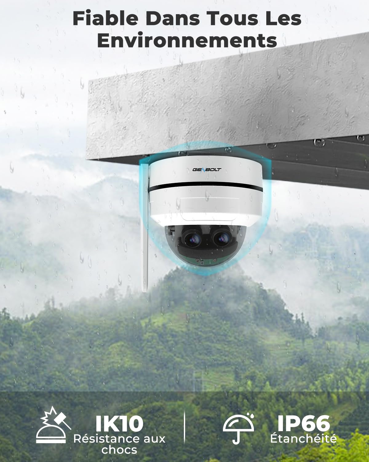 GENBOLT [Zoom Hybride 10X 2.5K Double Objectif POE WiFi Caméra Surveillance | Enregistrement 24/7,Caméra Surveillance IP Dôme PTZ 360°,Suivi Automatique,IP66 IP66 étanche,IK10 Antivandalisme(2.4/5GHz)