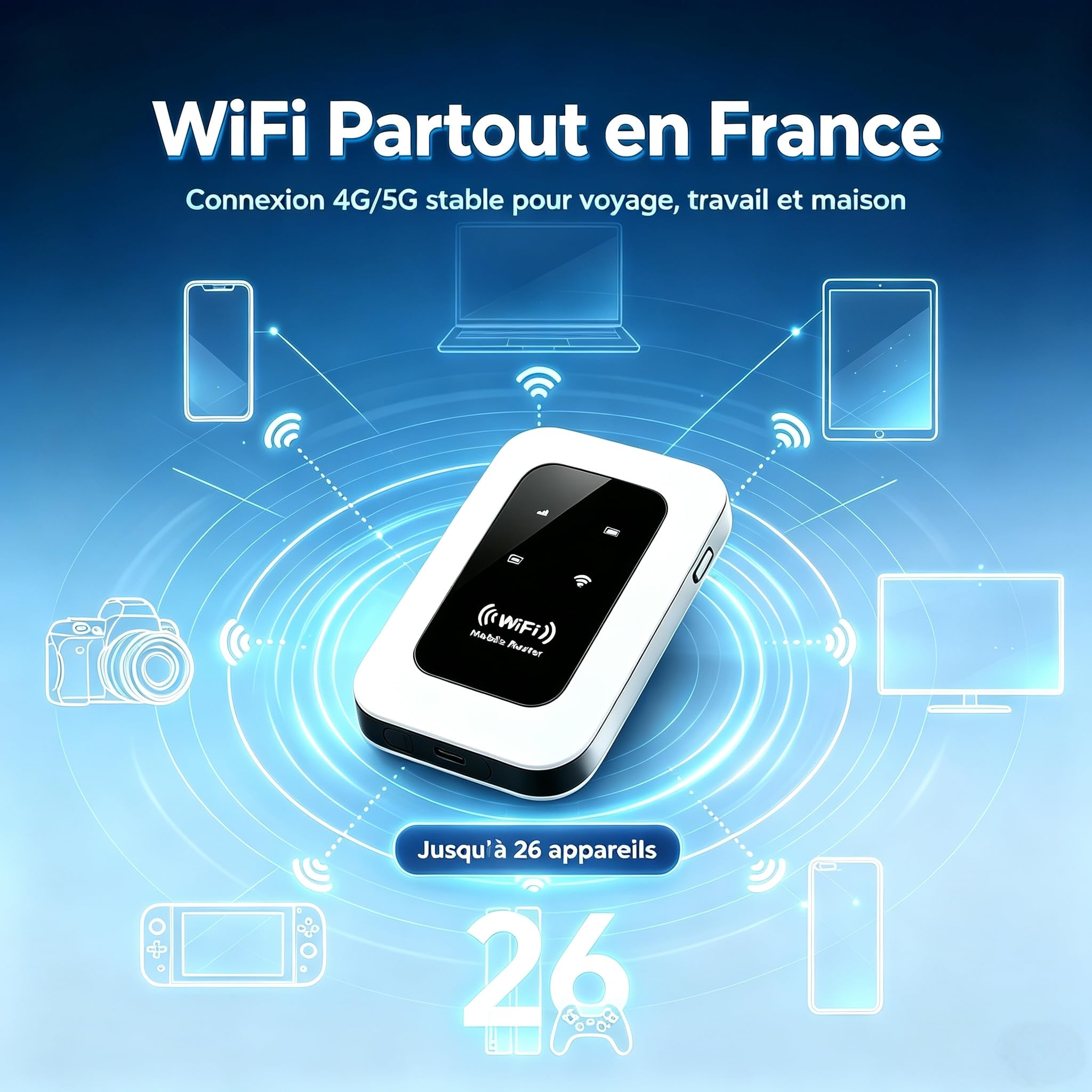 Routeur 5G Portable WiFi 6 Déverrouillé sans abonnement, Modem 5G/4G+ avec Nano‑SIM, jusqu'à 26 appareils connectés, Haut débit sans Box, idéal pour Voyage, Camping et télétravail