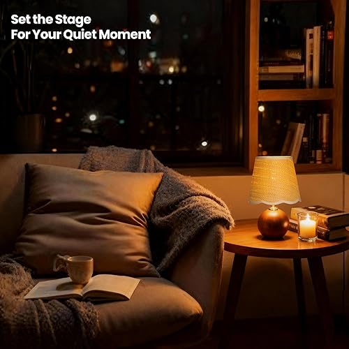 Miniatura 5 de Lámpara de mesa pequeña, lámpara de mesa de noche con base de madera, pantalla plisada blanca, lámpara de noche moderna para guardería, habitación