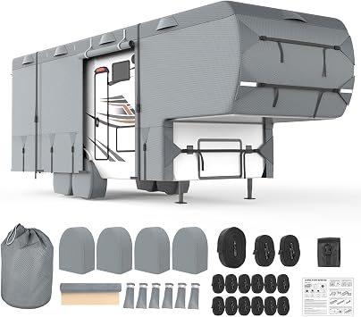 Mofeez 5th Wheel RV Cover 26-29ft, 7 Layers Top Extra-Thick Fifth Wheel Cover, Waterproof Windproof Anti-UV Rip-Stop Toy Hauler Camper Cover with 3Pcs Extra Straps, 6 Gutter Covers & 4 Tire Covers