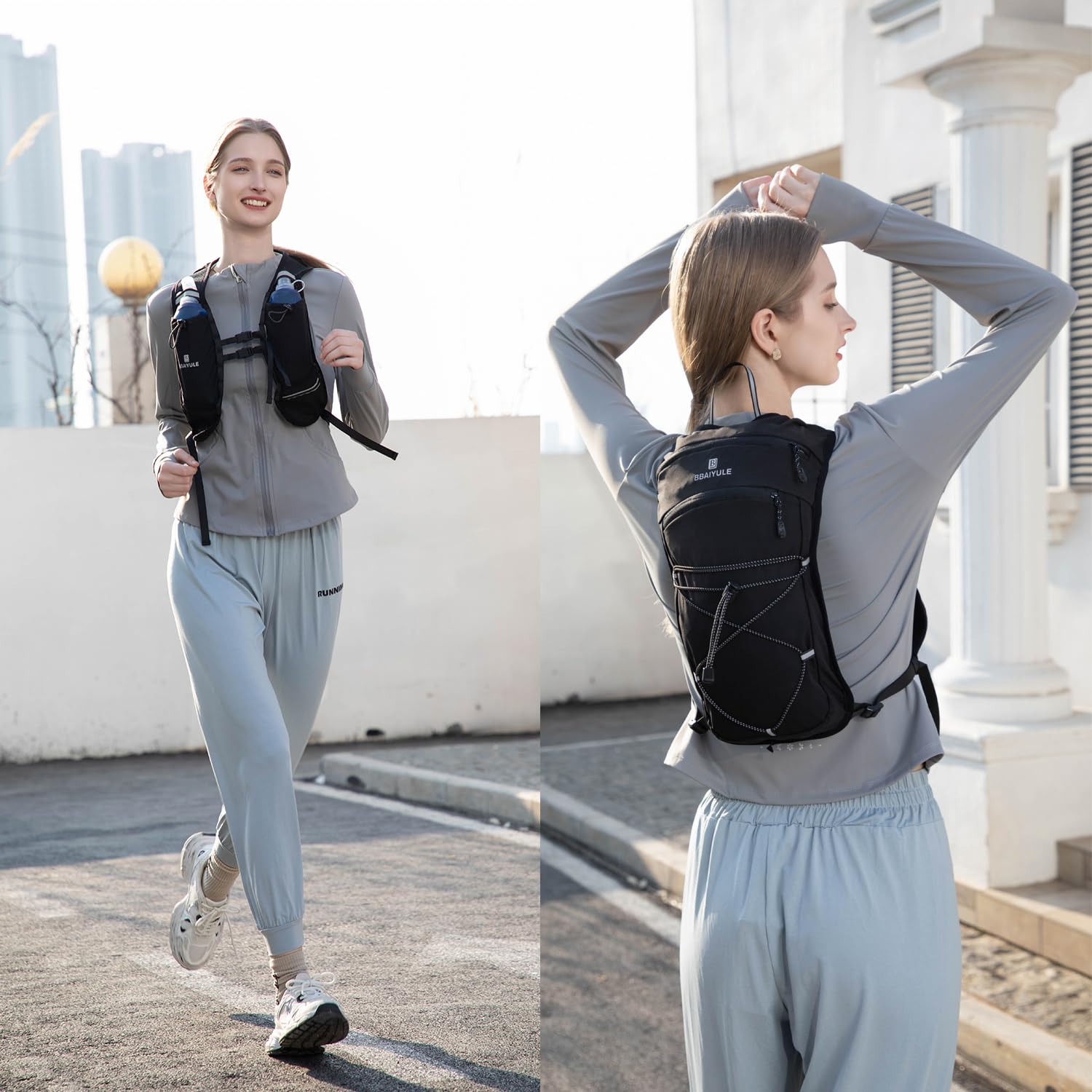 Gilet de course pour femmes et hommes, sac à dos d’hydratation avec 2 bouteilles souples de 470 ml, réfléchissant, support pour téléphone portable, léger