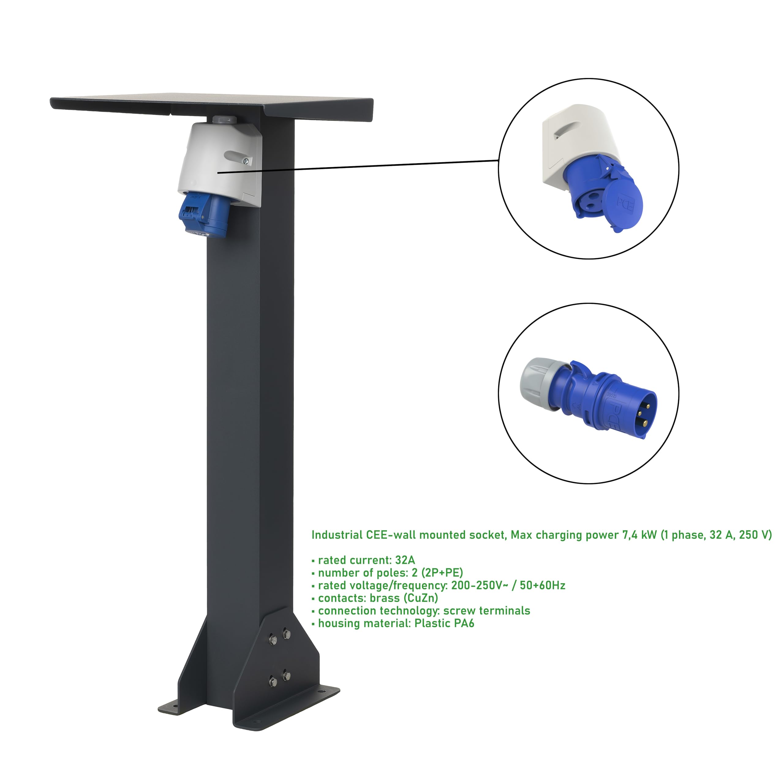Base de aluminio con enchufe exterior. Columna de enchufes de alta calidad. Enchufe para exterior con pie (CEE 1F, 16 A, 3,7 kW)