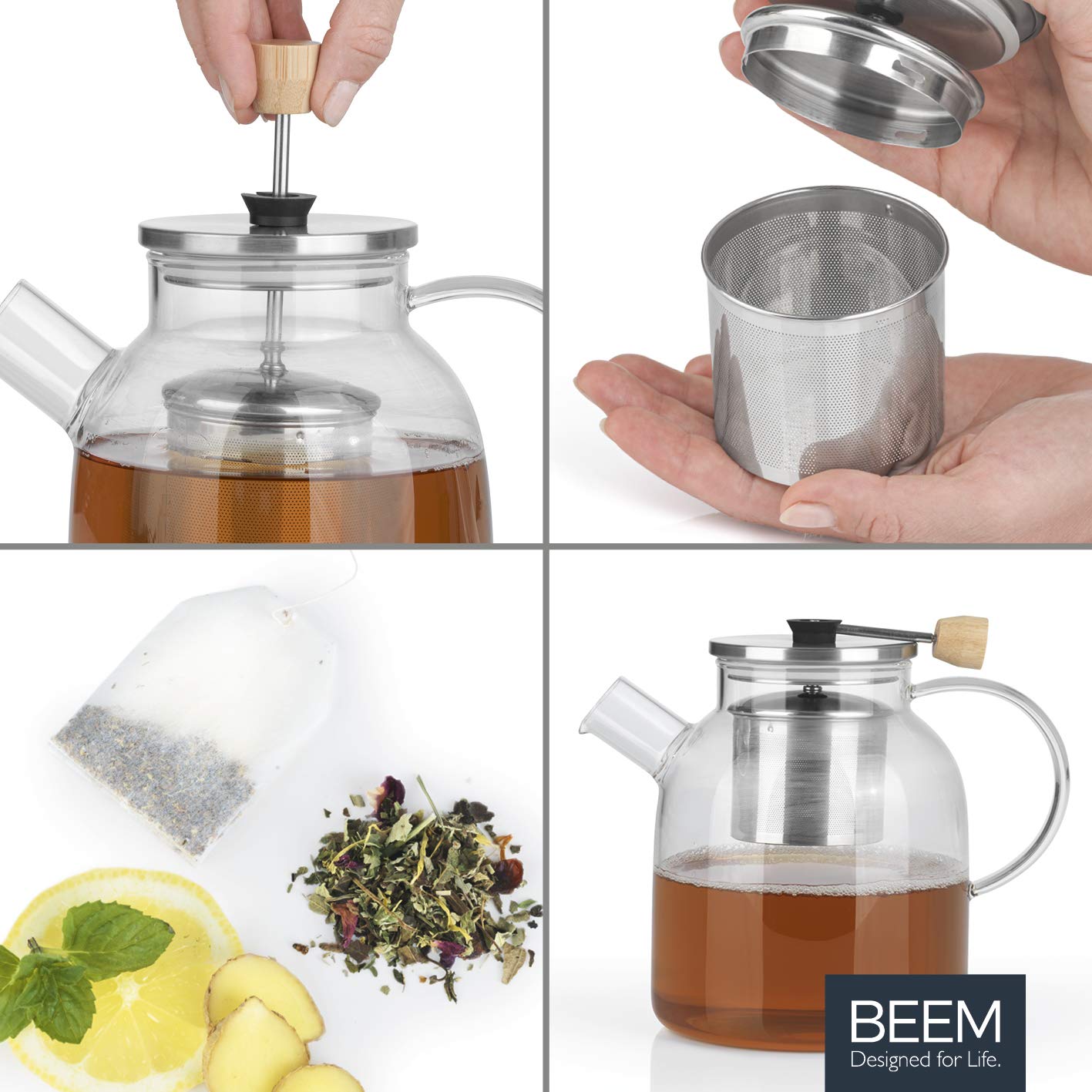 BEEM Dzbanek do herbaty szklany z sitkiem – 1,5 l | dzbanek do herbaty szklany | sitko ze stali nierdzewnej z funkcją podnoszenia | szkło odporne na wysokie temperatury | do gorącej herbaty lub