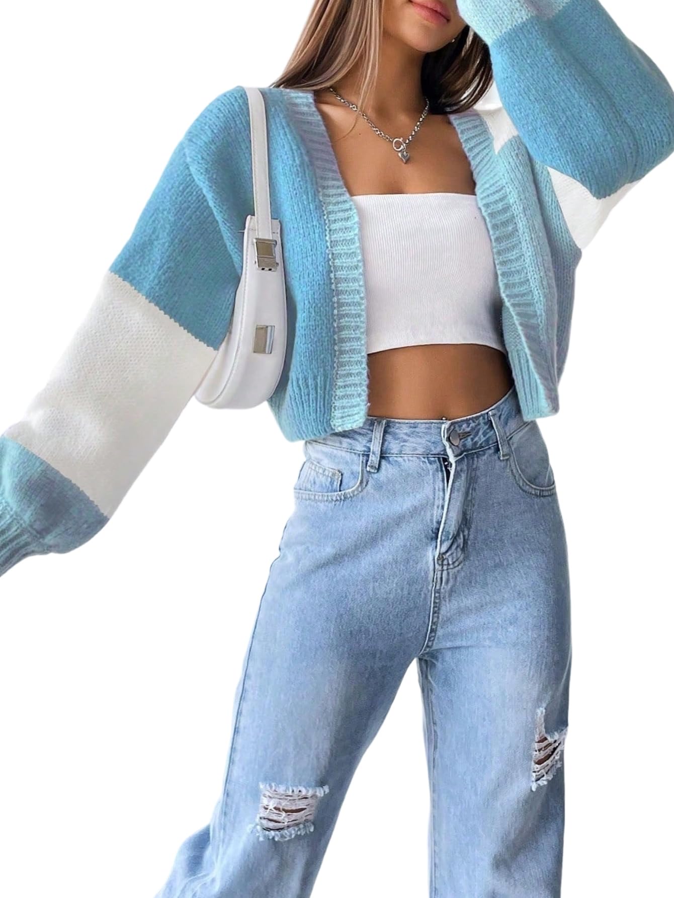 MARZXIN Womens Cardigan Loose Colorblock Slouchy Cardigan with Long Sleeves Tops Fall Winter Cloth for Women Sweaters