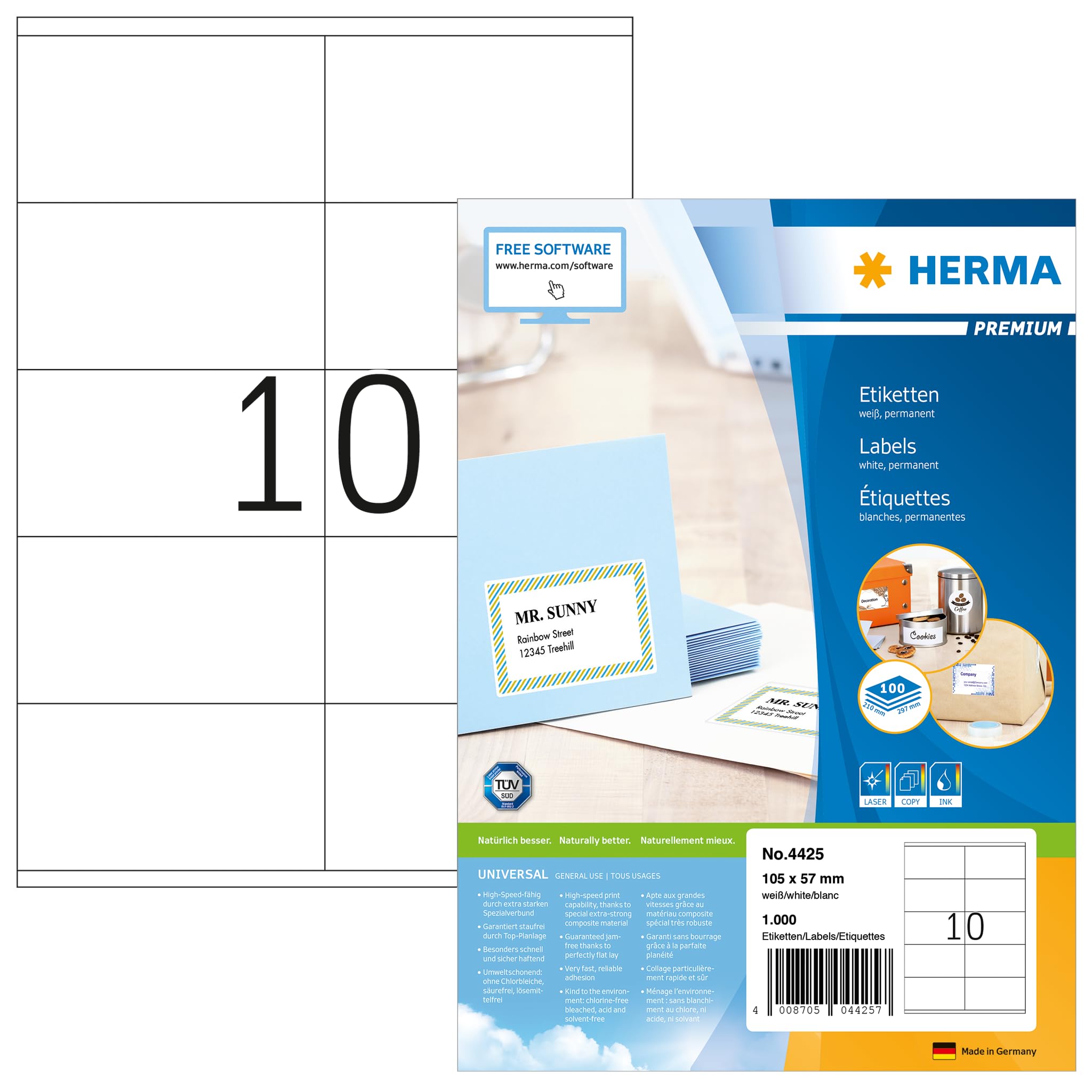 HERMA 4425 Universal Etiketten, 100 Blatt, 105 x 57 mm, 10 pro A4 Bogen, 1000 Stück, selbstklebend, bedruckbar, matt, blanko Papier Klebeetiketten Aufkleber, weiß