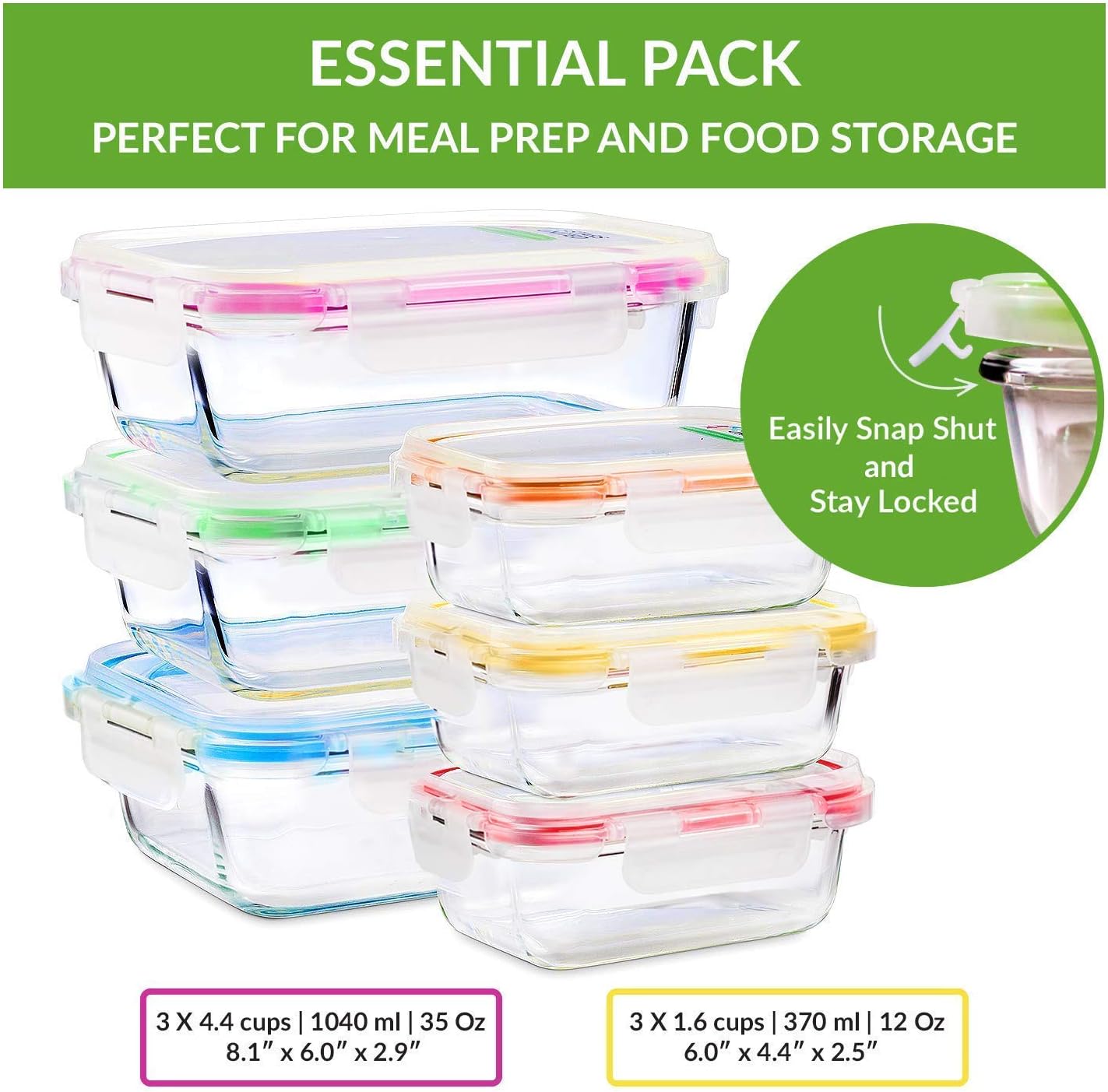 Glass Food Storage Containers with Lids - 6 Pack, 2 Sizes (35 Oz, 12 Oz) - Meal Prep Lunch Boxes - Microwave, Fridge, Freezer, Dishwasher, Oven Safe - BPA-free - Easy Snap, Airtight and LeakProof Lids