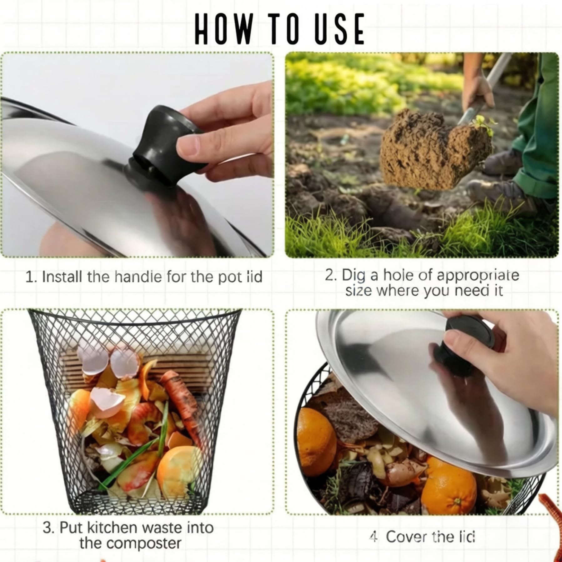Compostador de lombrices con Tapa, Cubo de compostaje subterráneo de Malla metálica de 6 Piezas para residuos de Cocina y jardín, Cubo de compostaje para Exteriores Que favorece, Negro, 23 cm