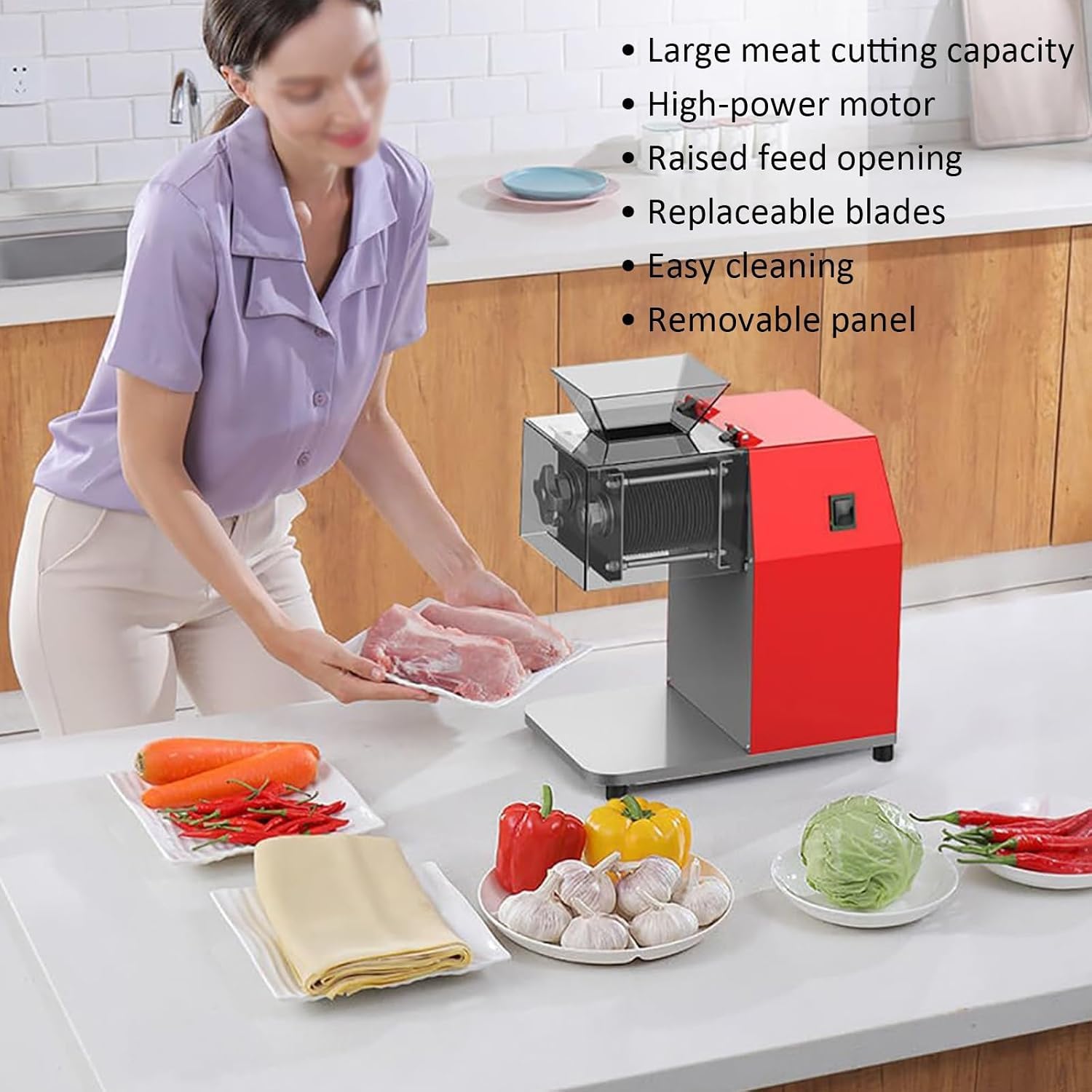 Cortadora de carne eléctrica comercial de 1100 W, con cubierta transparente y cuchillas desmontables, distancia entre cuchillas de 3,5 mm, para supermercados.