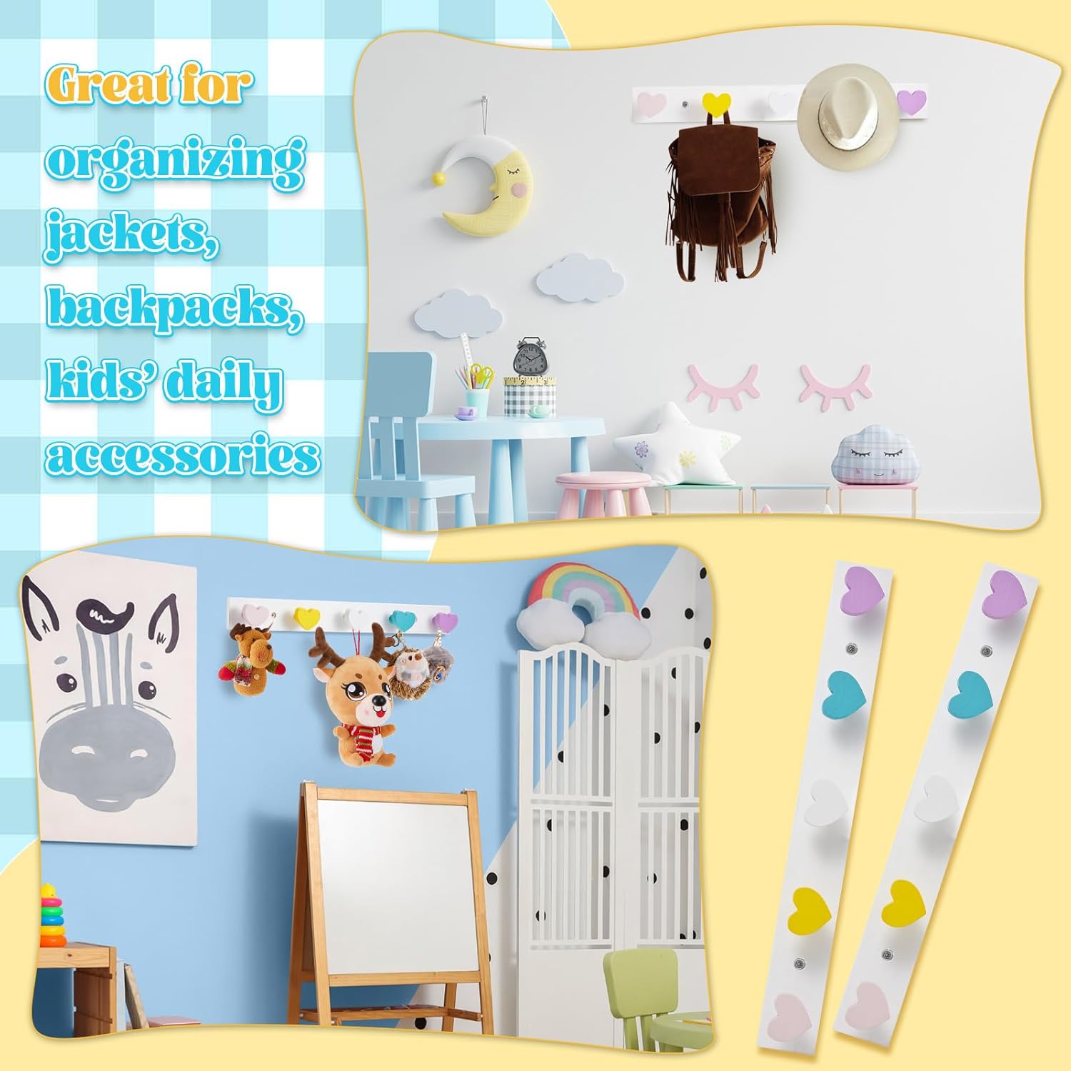 Maitys 2 Pcs Kids Coat Rack Wall Mount Kids Wall Hooks Rainbow Coat Rack Hooks for Boys Girls Toddler Cute Bathroom Decor Colorful Backpack Hanger Supplies for Clothes Hat Towel in Bedroom(Heart)
