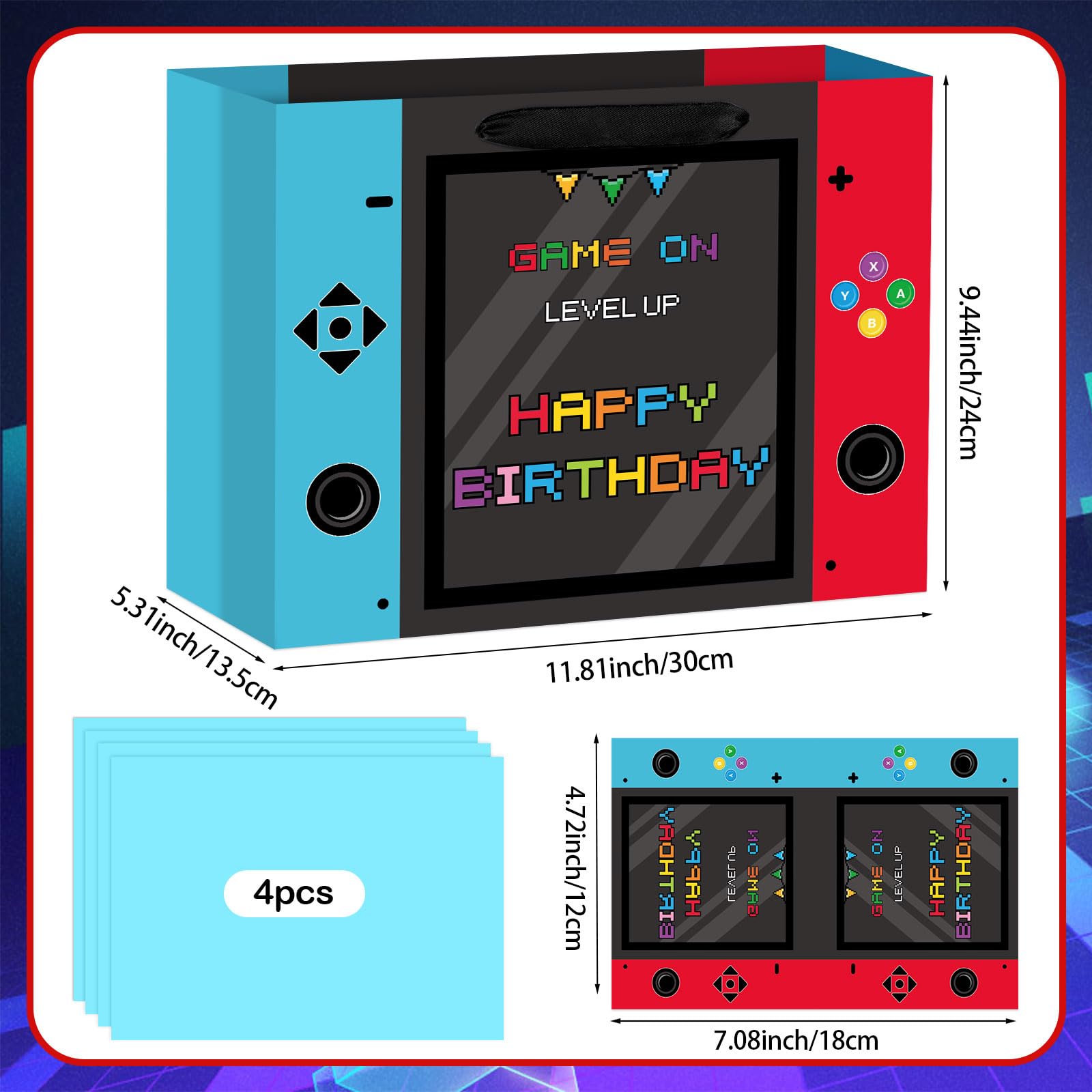 Abilat Large Video Game Birthday Gift Bag with Tissue Paper and Greeting Card Happy Birthday Gift Wrapping Bag for Boys Kids Gaming Theme Game Night Party Decorations