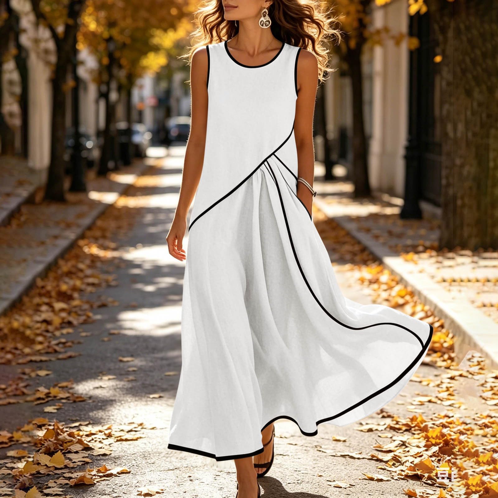 AEGJEGVD Strandkleid Damen Sommer, Leinenkleider Ärmellos Sommerkleid Leicht Und Luftig Elegant Rundhals Leinenkleid Maxi Blusenkleid Locker Einfarbig Shirtkleid Spitze Musselin Kleid Mit Taschen