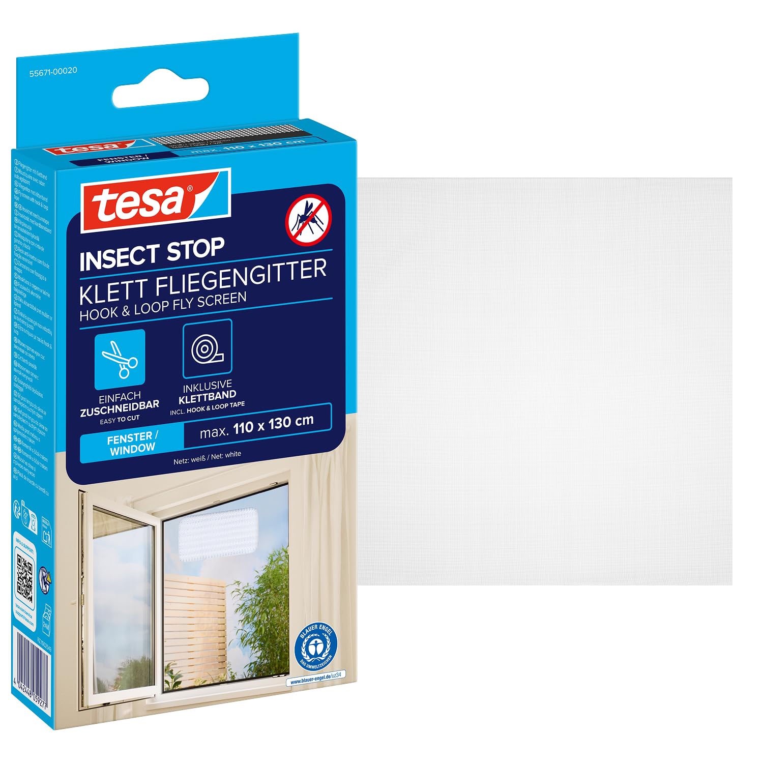 tesa Insect Stop Hook & Loop STANDARD for Windows - Self Adhesive Window Fly Screen - Cut to Desired Size - in White, 110 cm x 130 cm