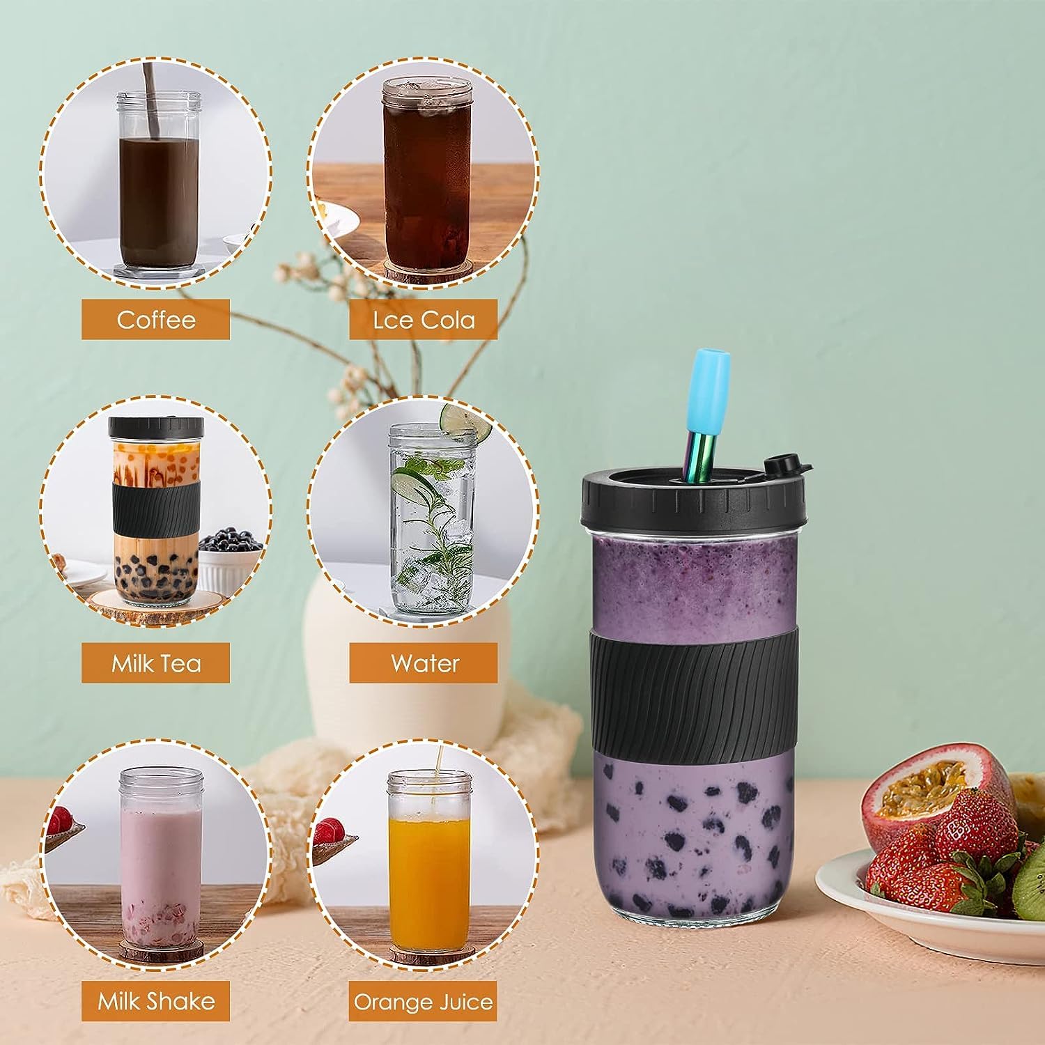 ALINK Confezione da 2 tazze da tè Boba da 680.4 g, riutilizzabili, per frullati a bocca larga, tazze da caffè ghiacciate, bicchieri trasparenti con spazzola per la pulizia