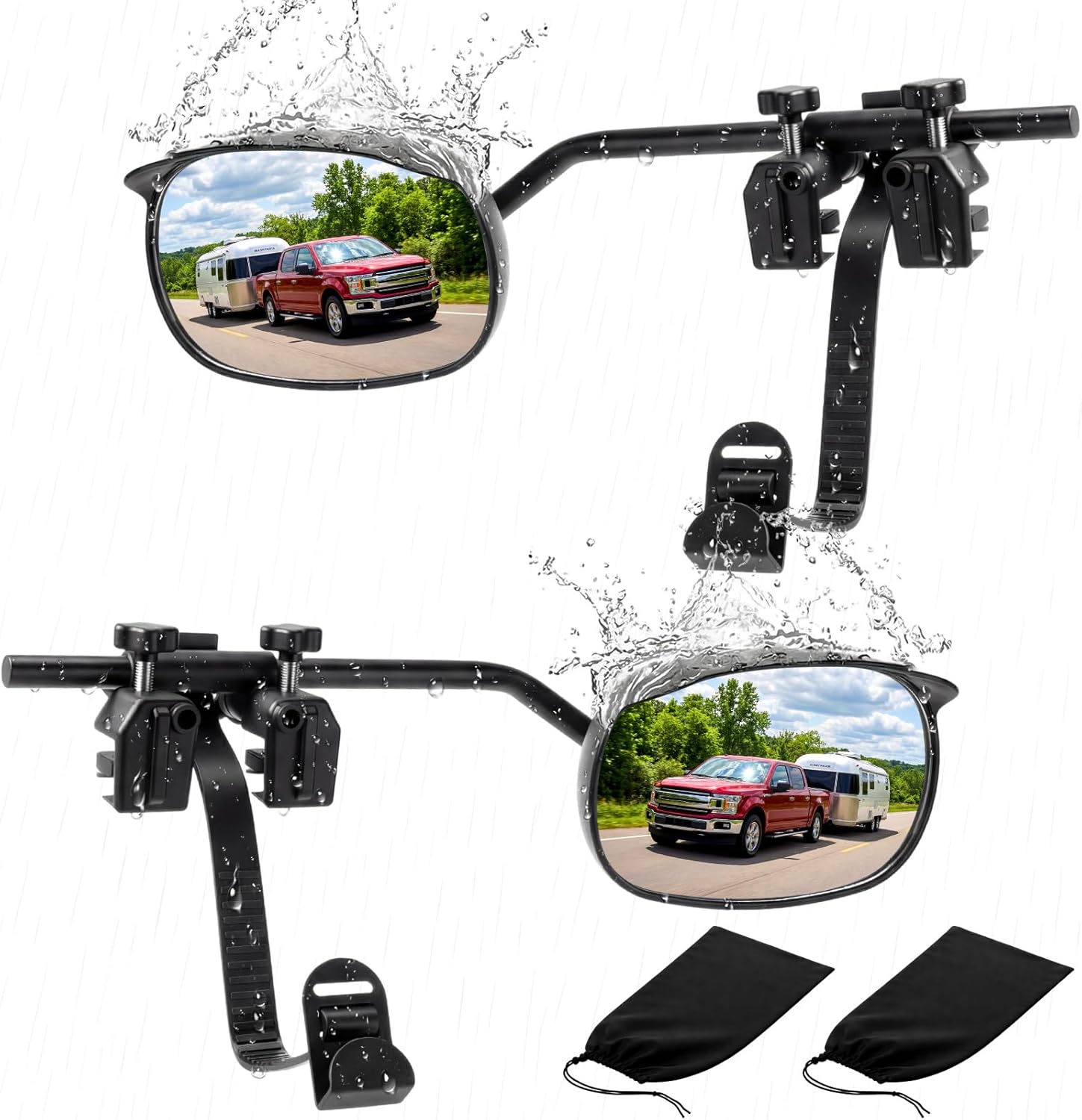 2 Pack Universal Clip on Towing Mirrors Extensions for Towing 360 Degree Adjustable Rotation Convex Rearview Mirror Extenders with Rainproof Cover and Storage Bags for RV Car Truck Trailer SUV (2)